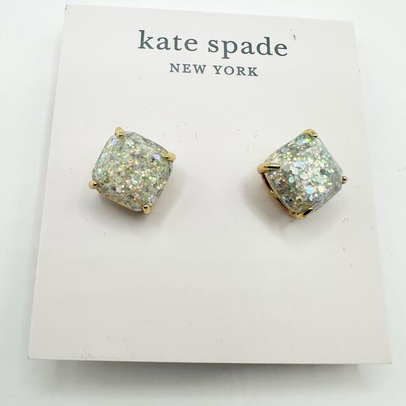 Kate Spade Glitter Stud Earring Mini Square Silver Opal Designer Jewelry Studs - Picture 5 of 13